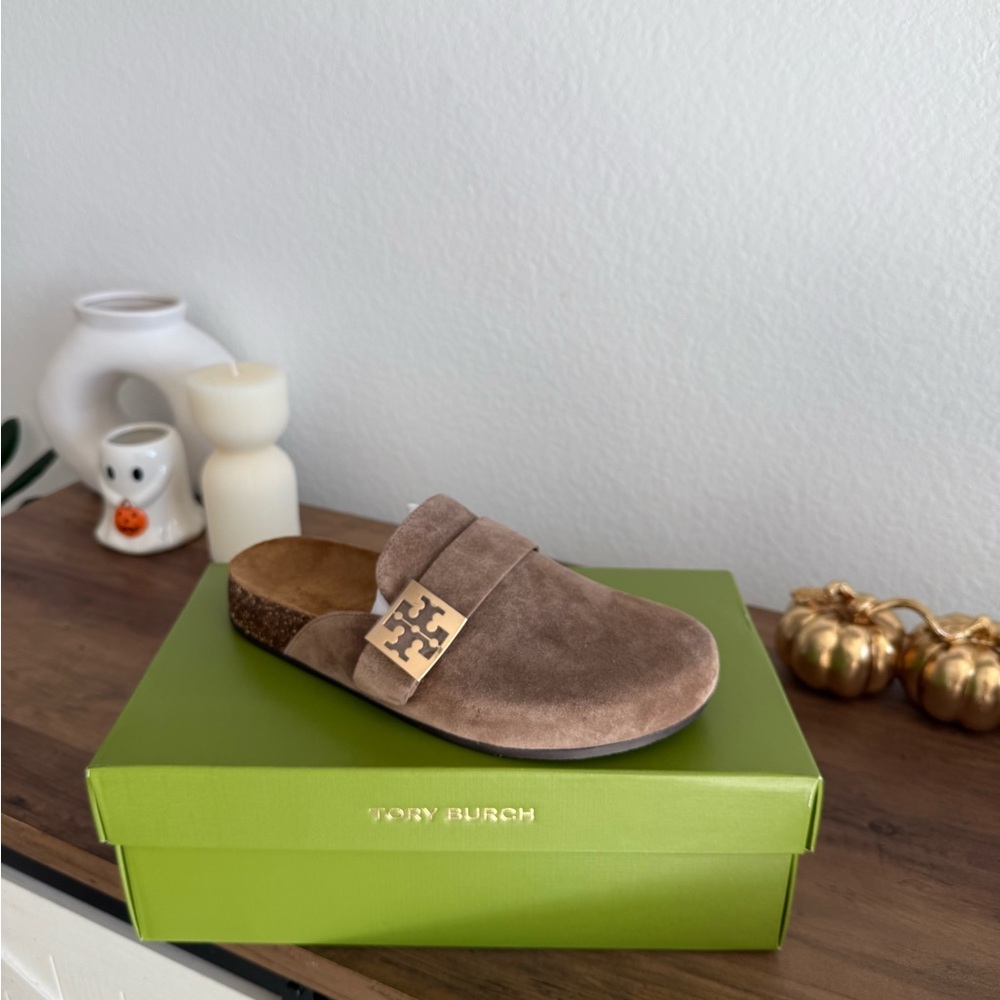 Tory Burch Taupe Suede Slide with Gold Logo